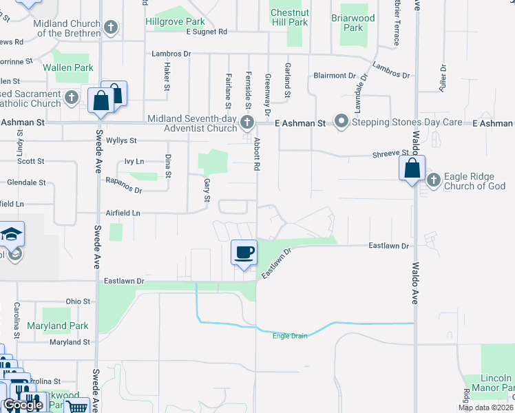 map of restaurants, bars, coffee shops, grocery stores, and more near 1025 East Wheeler Street in Midland Township