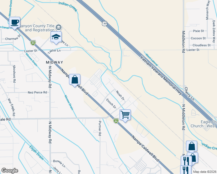 map of restaurants, bars, coffee shops, grocery stores, and more near 6905 Enoch Drive in Caldwell