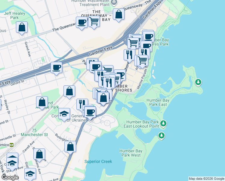 map of restaurants, bars, coffee shops, grocery stores, and more near 2200 Lake Shore Boulevard West in Toronto