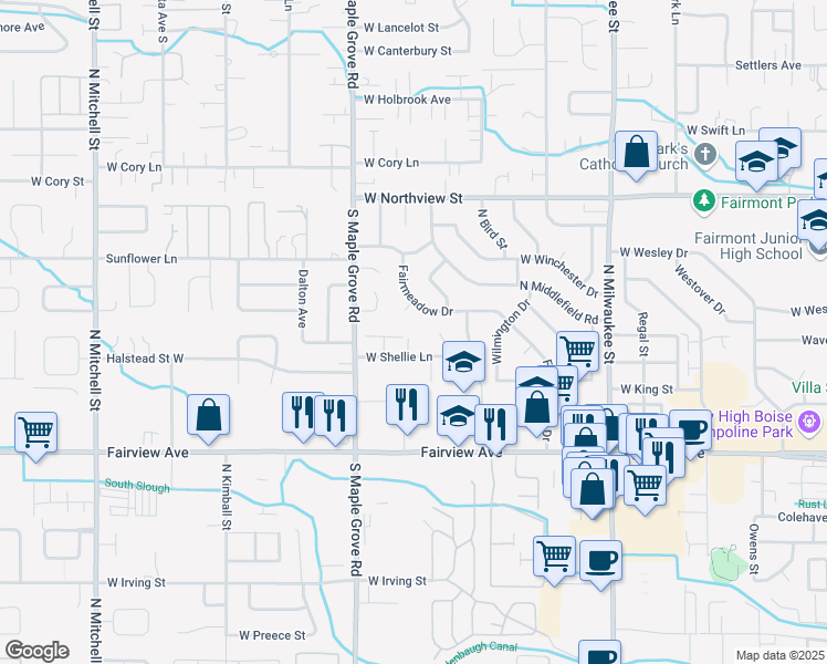 map of restaurants, bars, coffee shops, grocery stores, and more near 8810 West Shellie Lane in Boise