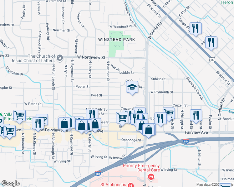 map of restaurants, bars, coffee shops, grocery stores, and more near 6106 Post Street in Boise