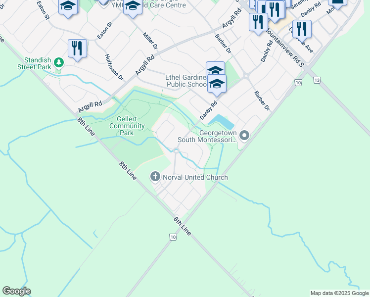 map of restaurants, bars, coffee shops, grocery stores, and more near 5 Hidden Lake Trail in Halton Hills