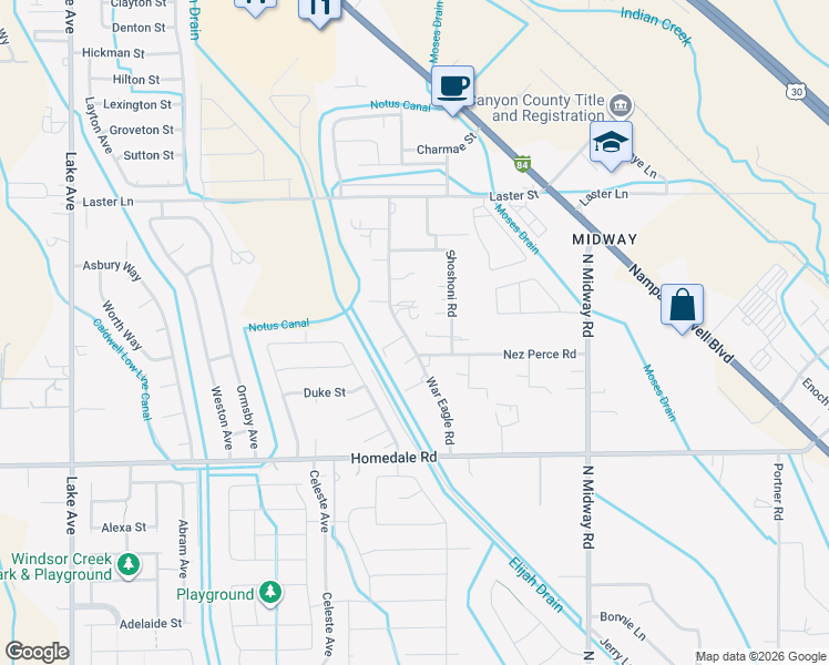 map of restaurants, bars, coffee shops, grocery stores, and more near 5315 War Eagle Road in Caldwell