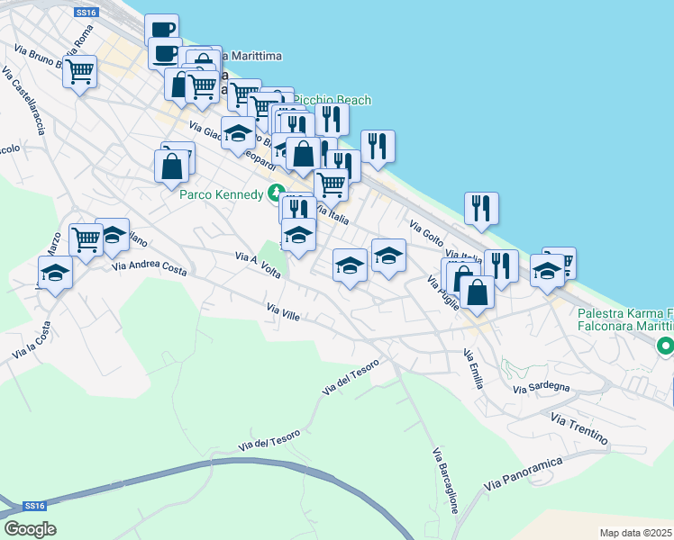 map of restaurants, bars, coffee shops, grocery stores, and more near 16 Via Volturno in Falconara Marittima