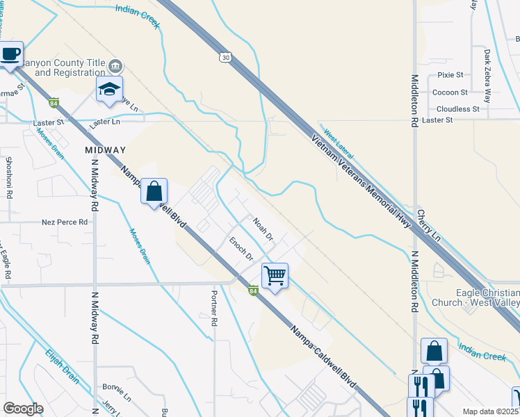 map of restaurants, bars, coffee shops, grocery stores, and more near 7001 Noah Court in Caldwell