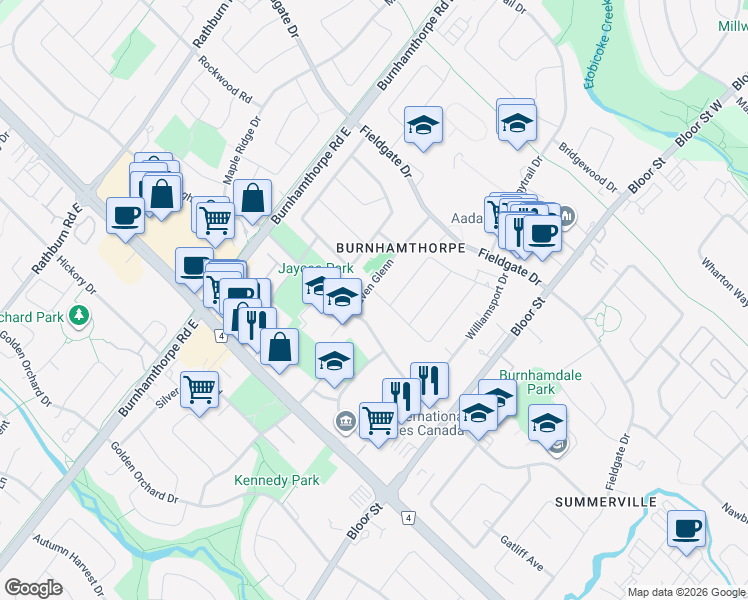 map of restaurants, bars, coffee shops, grocery stores, and more near 3538 Bannerhill Avenue in Mississauga