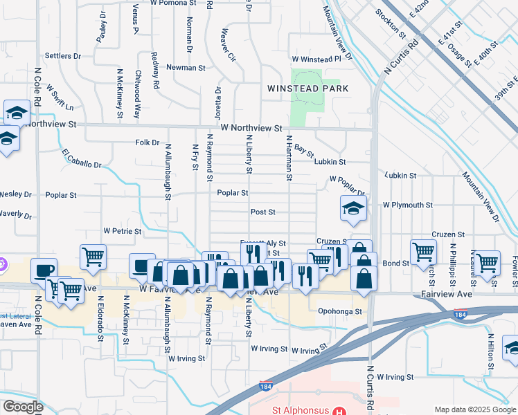 map of restaurants, bars, coffee shops, grocery stores, and more near 6314 Post Street in Boise