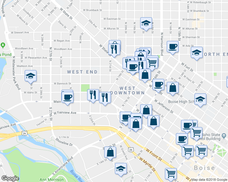 map of restaurants, bars, coffee shops, grocery stores, and more near 1812 West Idaho Street in Boise