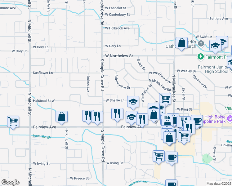 map of restaurants, bars, coffee shops, grocery stores, and more near 8860 West Shellie Lane in Boise