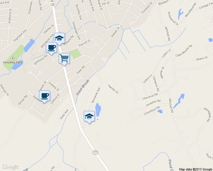 map of restaurants, bars, coffee shops, grocery stores, and more near 5 Hamlin Street in Cape Elizabeth