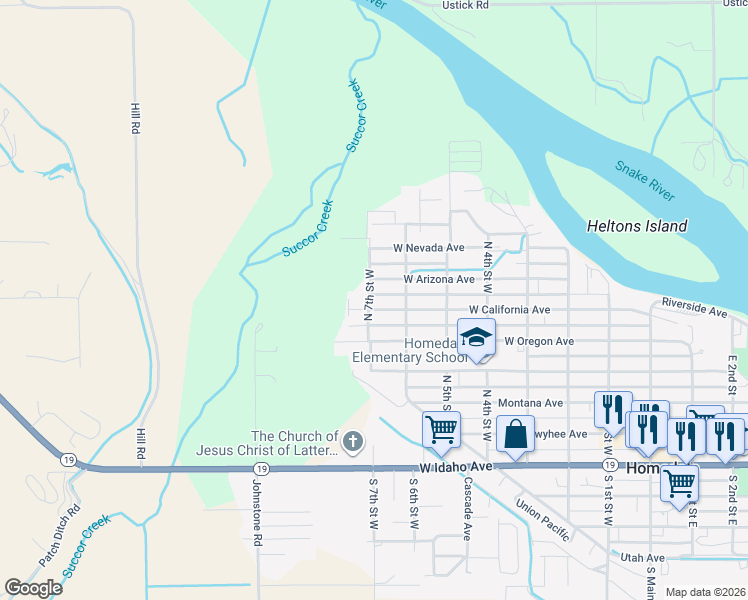 map of restaurants, bars, coffee shops, grocery stores, and more near 634 North 7th Street West in Homedale