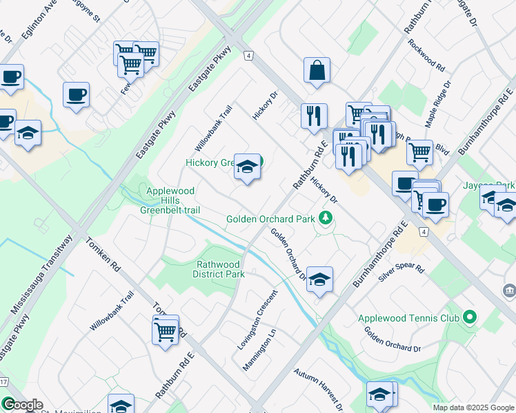 map of restaurants, bars, coffee shops, grocery stores, and more near 1215 Larny Court in Mississauga