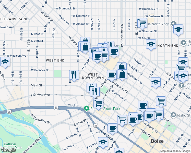 map of restaurants, bars, coffee shops, grocery stores, and more near 305 North 17th Street in Boise