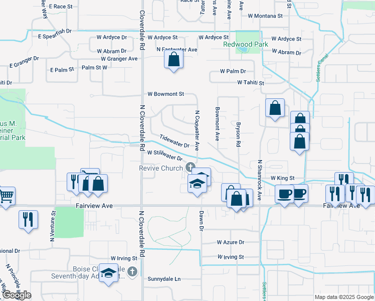 map of restaurants, bars, coffee shops, grocery stores, and more near 11911 West Tidewater Drive in Boise