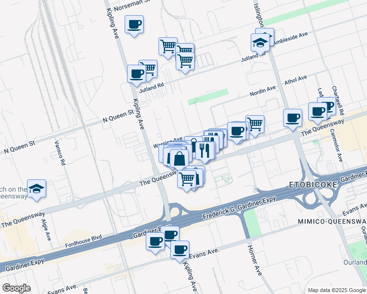map of restaurants, bars, coffee shops, grocery stores, and more near in Toronto