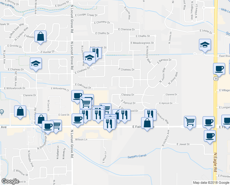 map of restaurants, bars, coffee shops, grocery stores, and more near 2110 East Clarene Street in Meridian