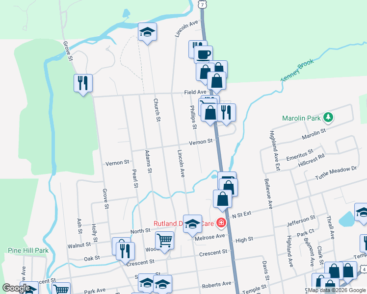 map of restaurants, bars, coffee shops, grocery stores, and more near 26 Vernon Street in Rutland