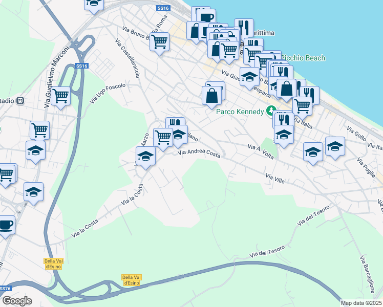 map of restaurants, bars, coffee shops, grocery stores, and more near 24 Via Andrea Costa in Falconara Marittima