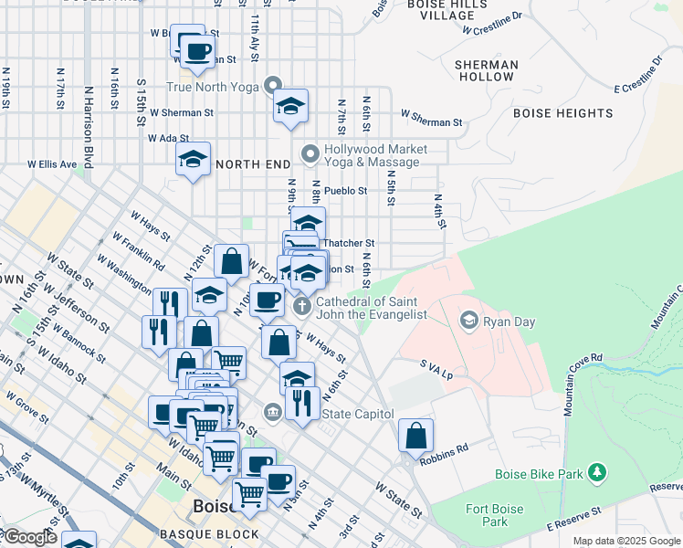 map of restaurants, bars, coffee shops, grocery stores, and more near 619 Union Street in Boise
