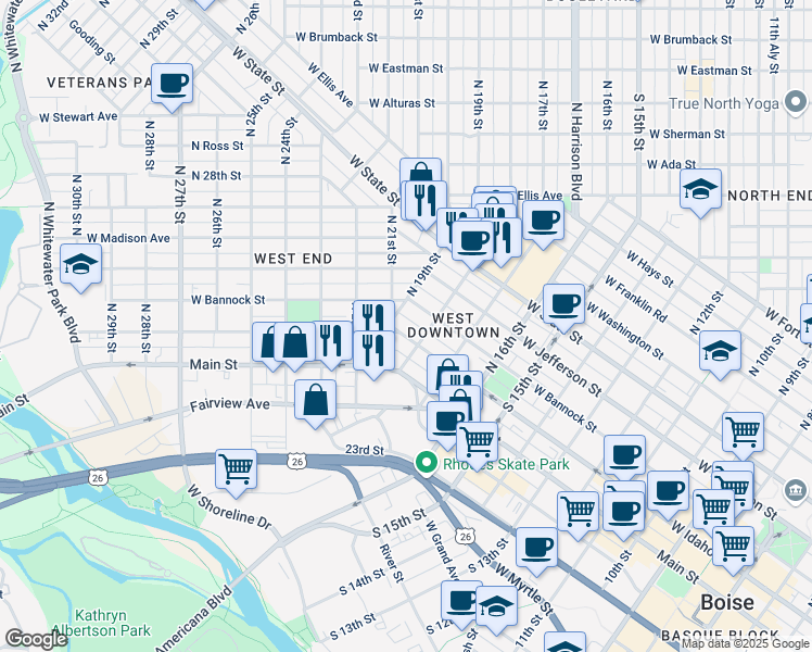 map of restaurants, bars, coffee shops, grocery stores, and more near 18181820 West Idaho Street in Boise