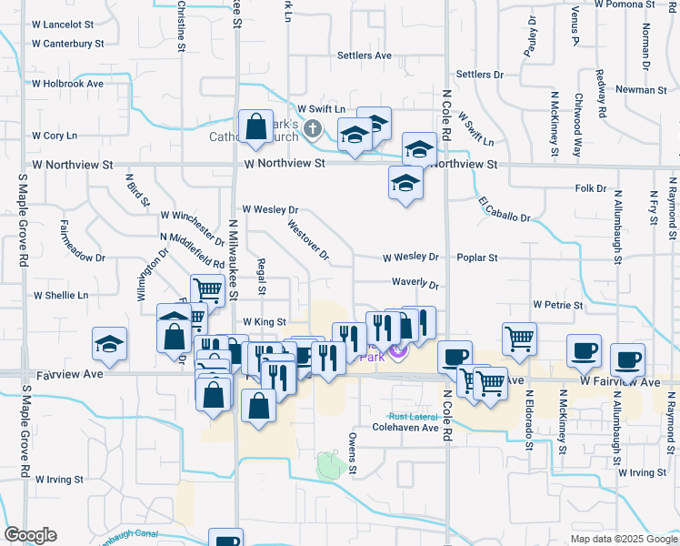 map of restaurants, bars, coffee shops, grocery stores, and more near 7876 West Holt Court in Boise