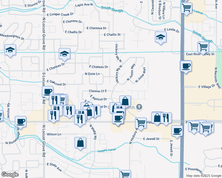 map of restaurants, bars, coffee shops, grocery stores, and more near 2512 Clarene Drive in Meridian