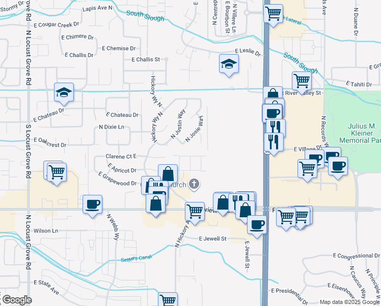 map of restaurants, bars, coffee shops, grocery stores, and more near 2786 Clarene Drive in Meridian