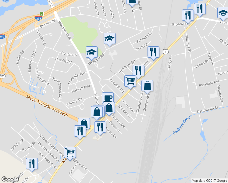 map of restaurants, bars, coffee shops, grocery stores, and more near 25 Thirlmere Avenue in South Portland