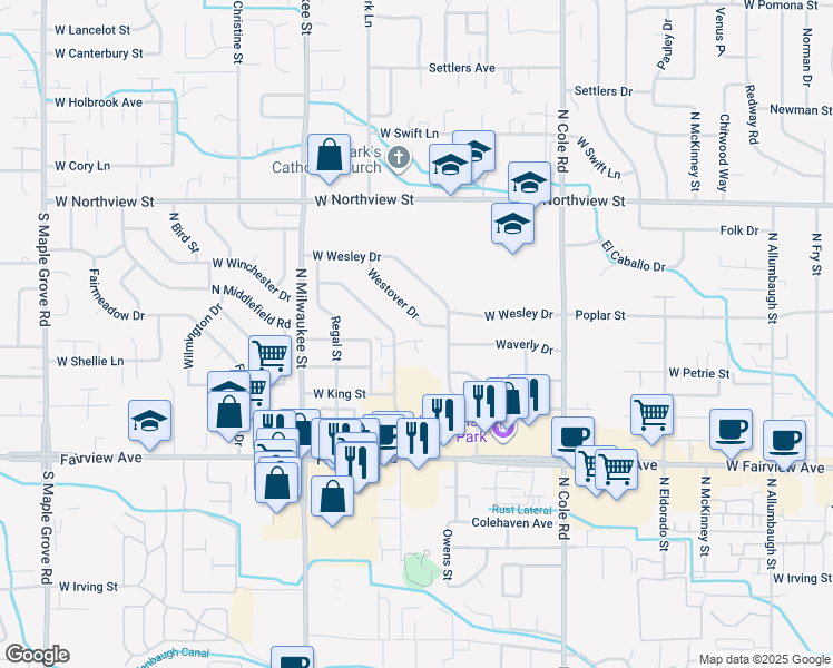 map of restaurants, bars, coffee shops, grocery stores, and more near 7876 West Holt Court in Boise