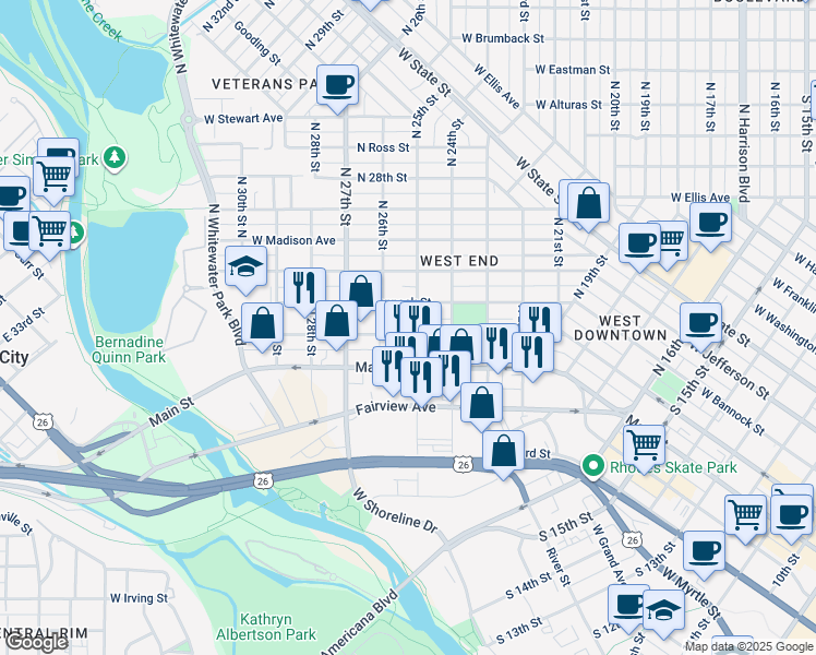 map of restaurants, bars, coffee shops, grocery stores, and more near 2504 West Idaho Street in Boise