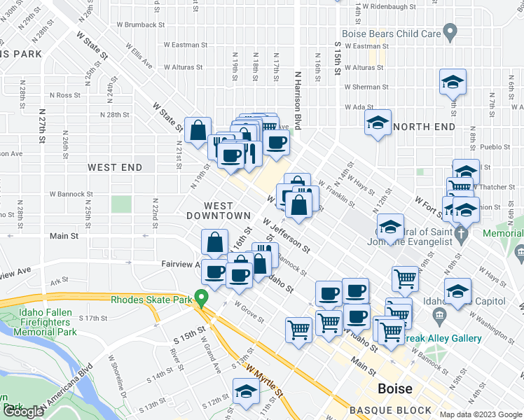 map of restaurants, bars, coffee shops, grocery stores, and more near 433 N 16th St in Boise