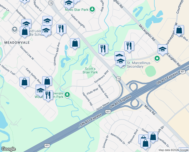 map of restaurants, bars, coffee shops, grocery stores, and more near 840 Brass Winds Place in Mississauga