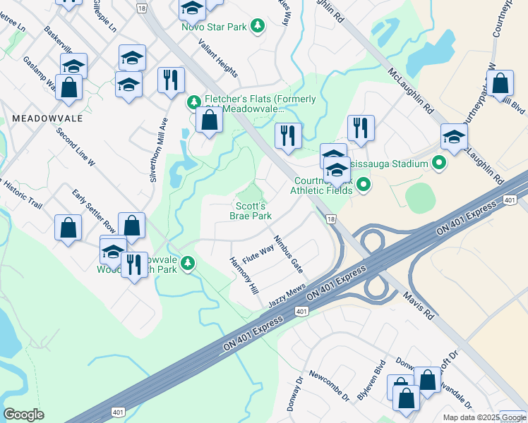 map of restaurants, bars, coffee shops, grocery stores, and more near 840 Brass Winds Place in Mississauga