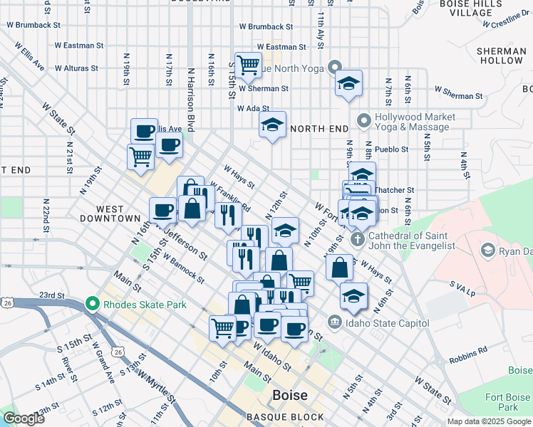map of restaurants, bars, coffee shops, grocery stores, and more near 1202 West Franklin Street in Boise