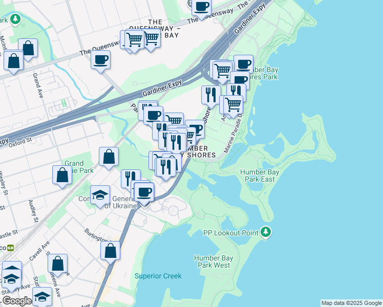 map of restaurants, bars, coffee shops, grocery stores, and more near in Toronto