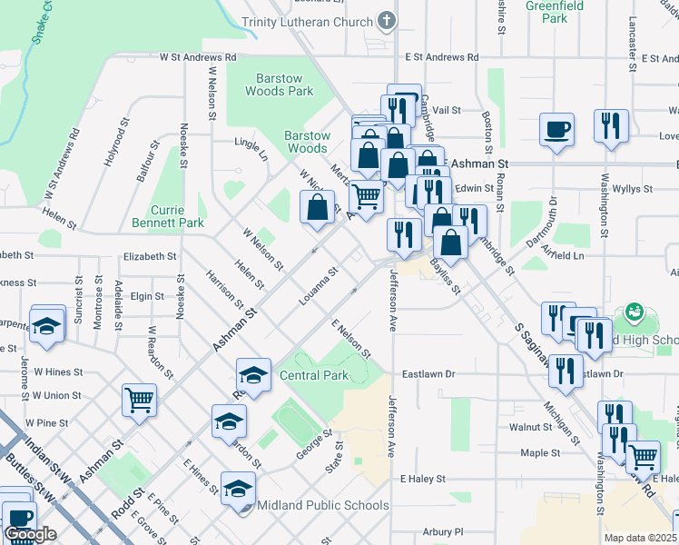 map of restaurants, bars, coffee shops, grocery stores, and more near 202 Harold Street in Midland