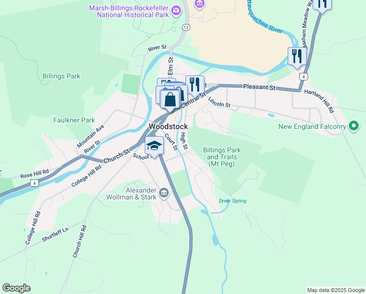 map of restaurants, bars, coffee shops, grocery stores, and more near 27 High Street in Woodstock