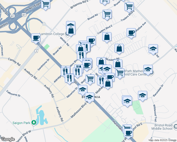map of restaurants, bars, coffee shops, grocery stores, and more near in Mississauga