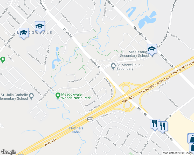 map of restaurants, bars, coffee shops, grocery stores, and more near 784 Sombrero Way in Mississauga