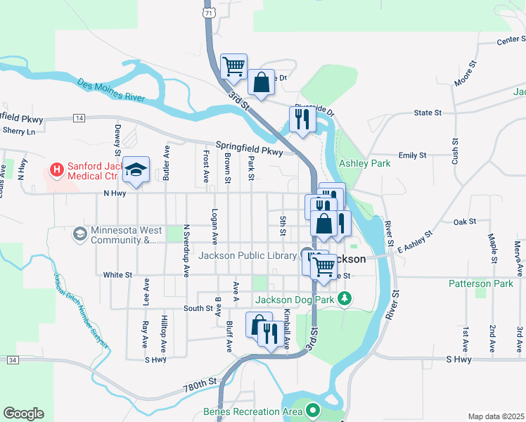 map of restaurants, bars, coffee shops, grocery stores, and more near 615 6th Street in Jackson
