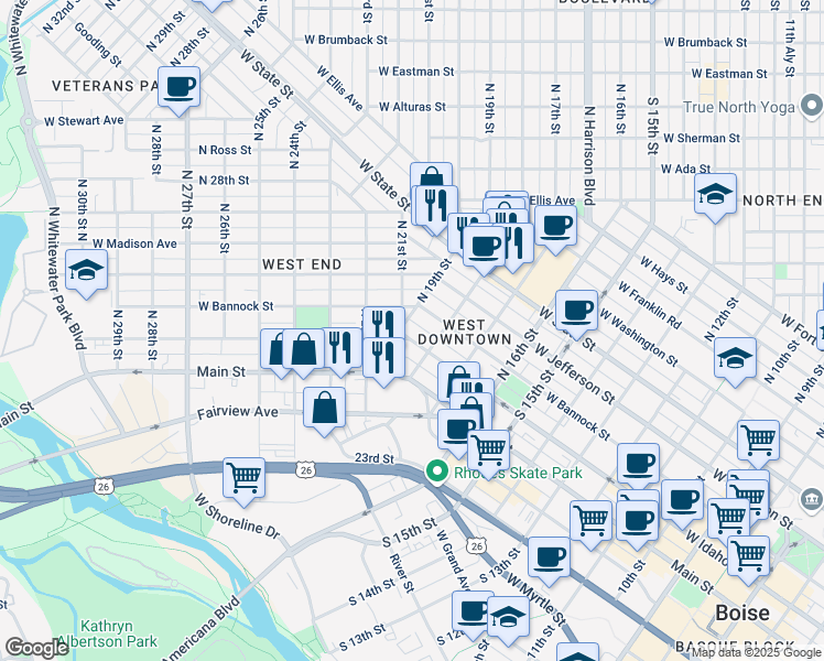 map of restaurants, bars, coffee shops, grocery stores, and more near 18181820 West Idaho Street in Boise