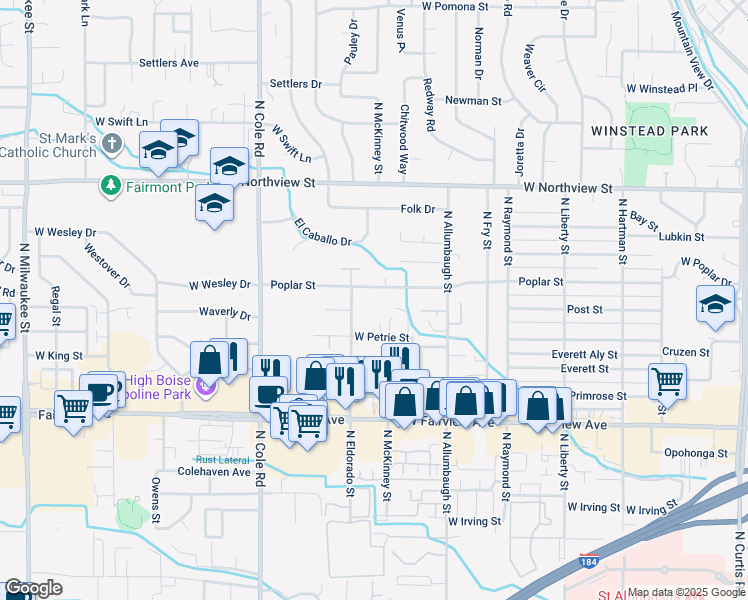 map of restaurants, bars, coffee shops, grocery stores, and more near 7017 Poplar Street in Boise