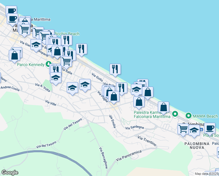 map of restaurants, bars, coffee shops, grocery stores, and more near 1A Via Lazio in Falconara Marittima