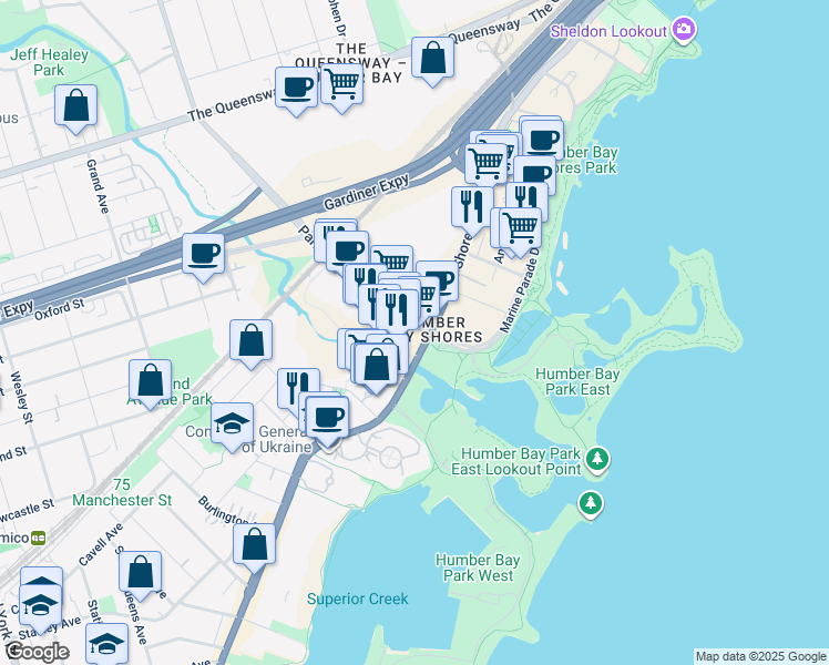 map of restaurants, bars, coffee shops, grocery stores, and more near 2200 Lake Shore Boulevard West in Toronto