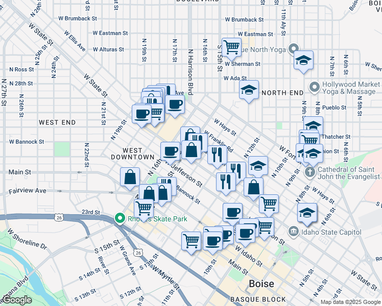map of restaurants, bars, coffee shops, grocery stores, and more near 1470 West State Street in Boise