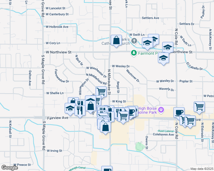 map of restaurants, bars, coffee shops, grocery stores, and more near 1969 North Middlefield Road in Boise