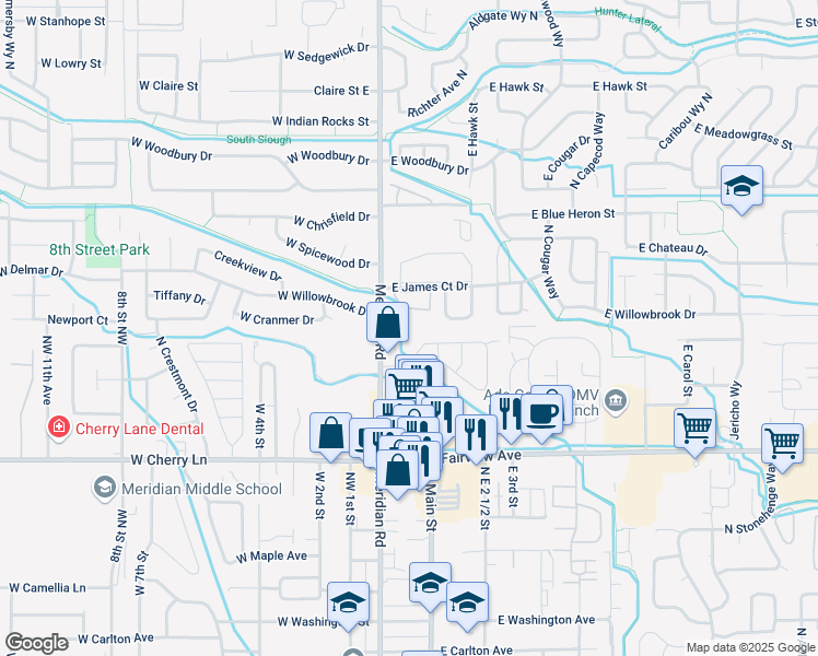 map of restaurants, bars, coffee shops, grocery stores, and more near 152 East James Court Drive in Meridian