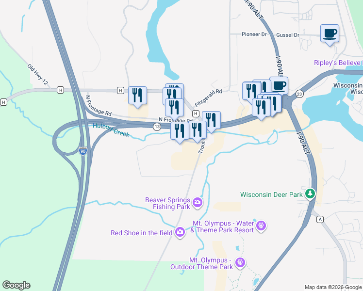 map of restaurants, bars, coffee shops, grocery stores, and more near 630 South Frontage Road in Wisconsin Dells