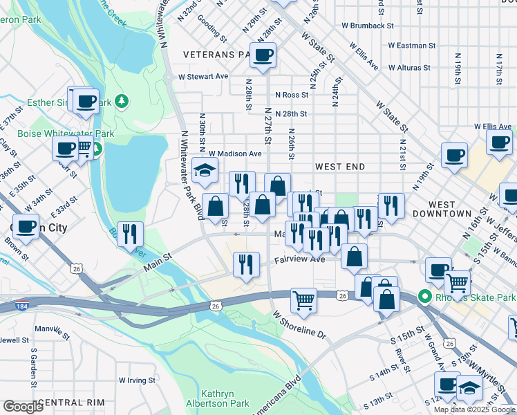 map of restaurants, bars, coffee shops, grocery stores, and more near 2720 West Idaho Street in Boise