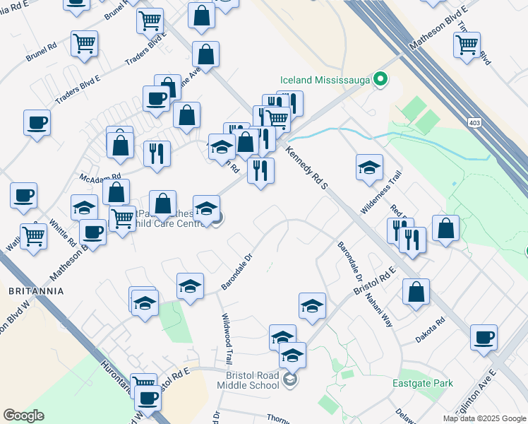 map of restaurants, bars, coffee shops, grocery stores, and more near Woodchase Crescent in Mississauga